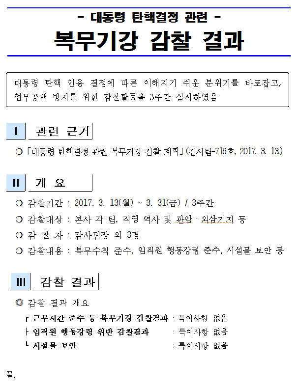 대통령 탄핵결정 관련 복무기강 감찰 결과